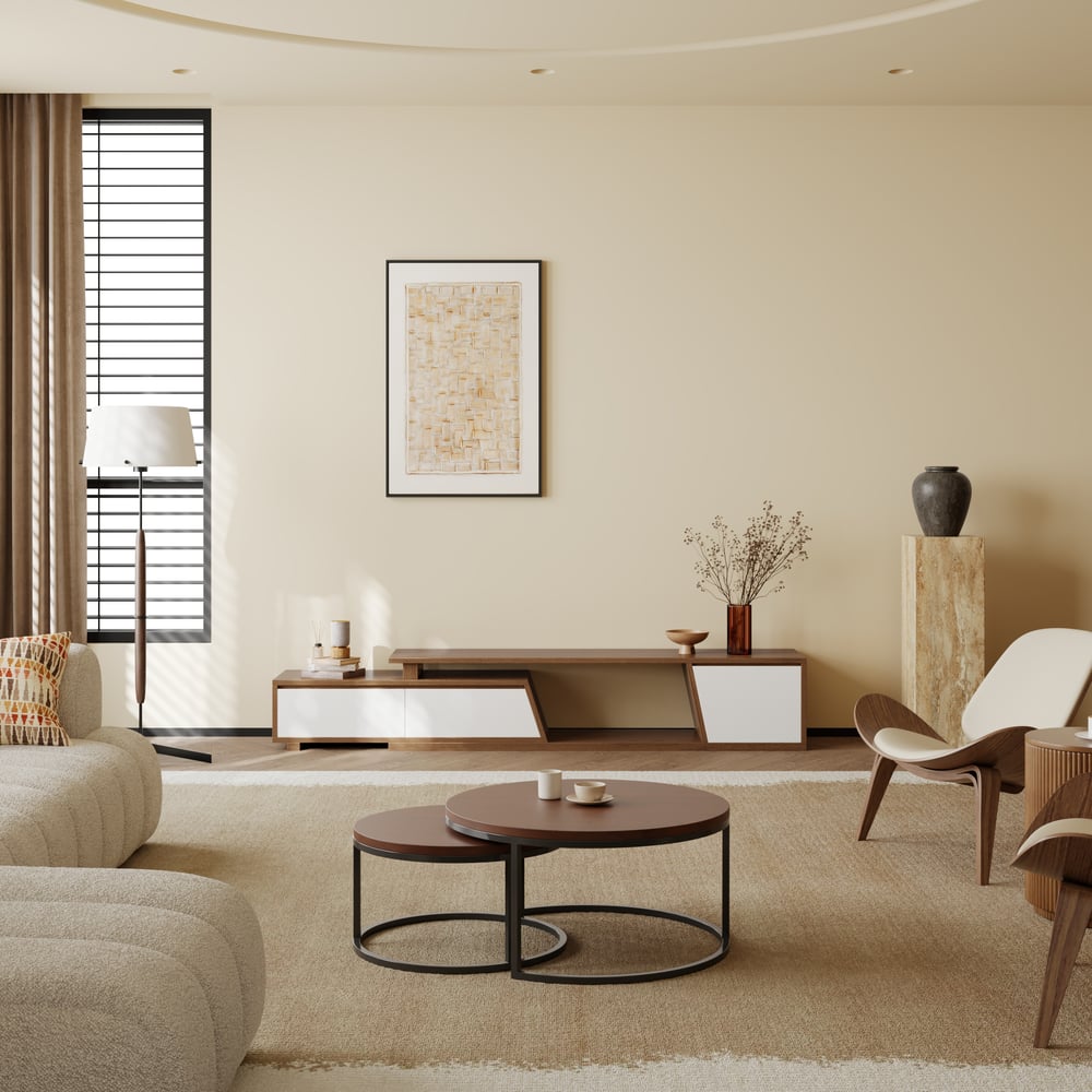 Meuble TV extensible Fero avec 3 tiroirs de 180 cm de couleur blanc et noyer image de fenêtre