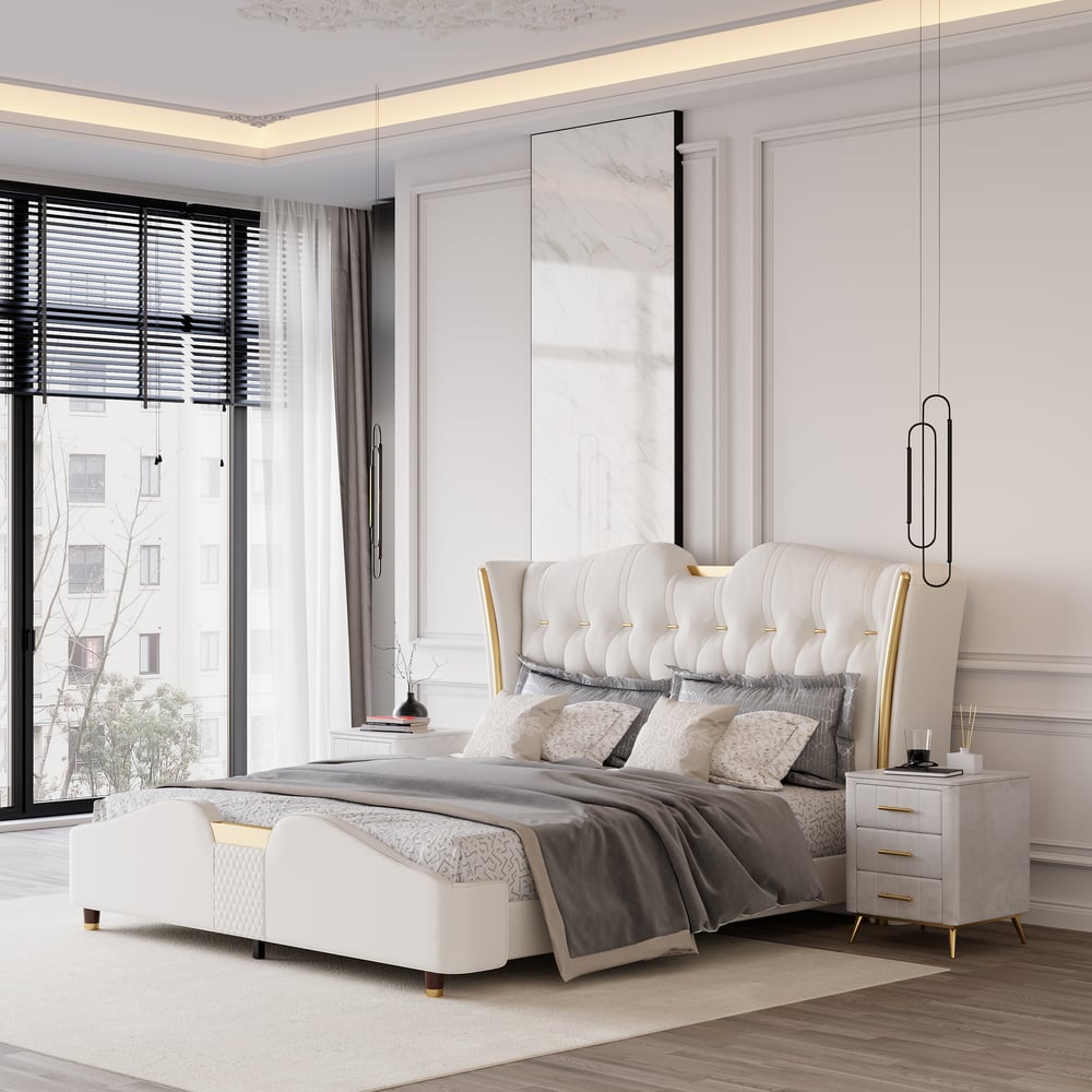 Super King Size Upholstered Bed Frame with Tufted Wingback Headboard window image