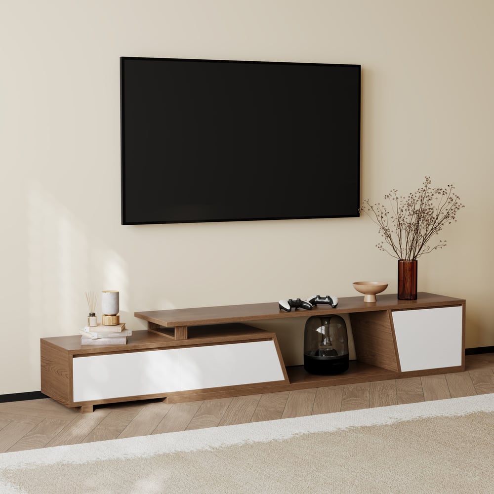 Meuble TV extensible Fero en noyer avec 3 tiroirs (1800 mm à 2800 mm) image de fenêtre