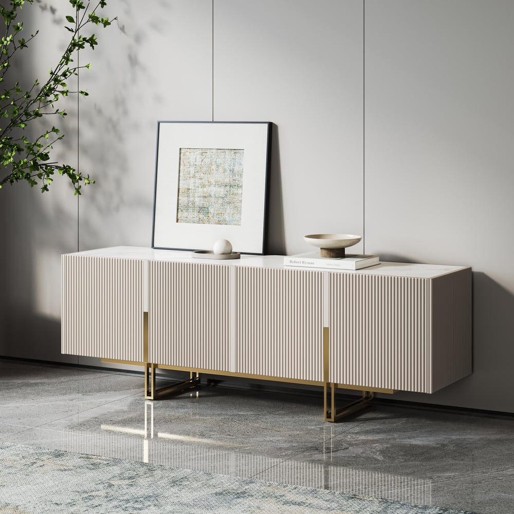 Armário de TV Grovyn com tampo de pedra sinterizada de 150 cm na cor esbranquiçada Imagem da janela