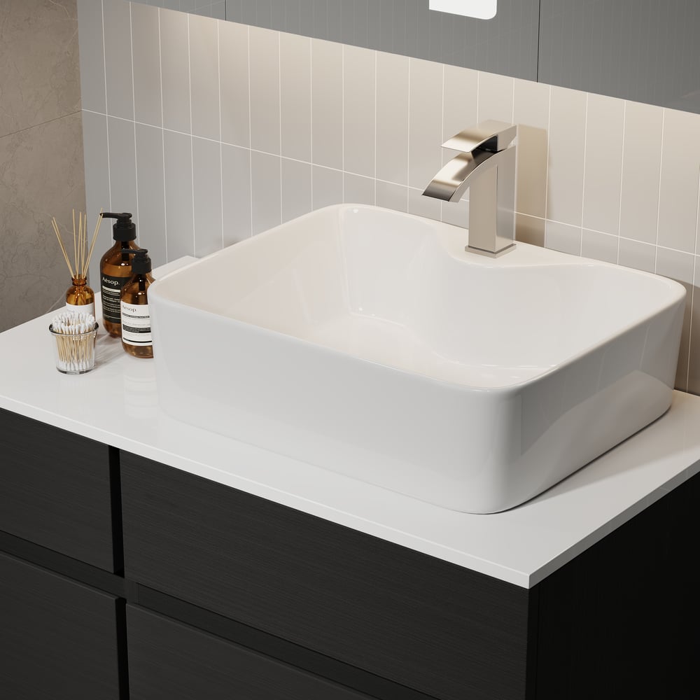Tocador de baño flotante blanco y negro de 800 mm con encimera de cerámica con encimera de mármol sintético