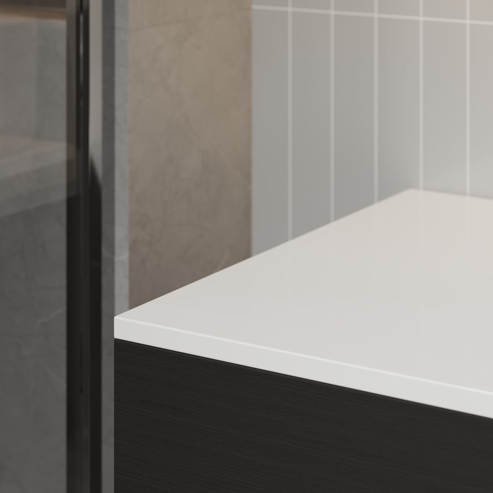 Tocador de baño flotante blanco y negro de 800 mm con encimera de cerámica con encimera de mármol sintético