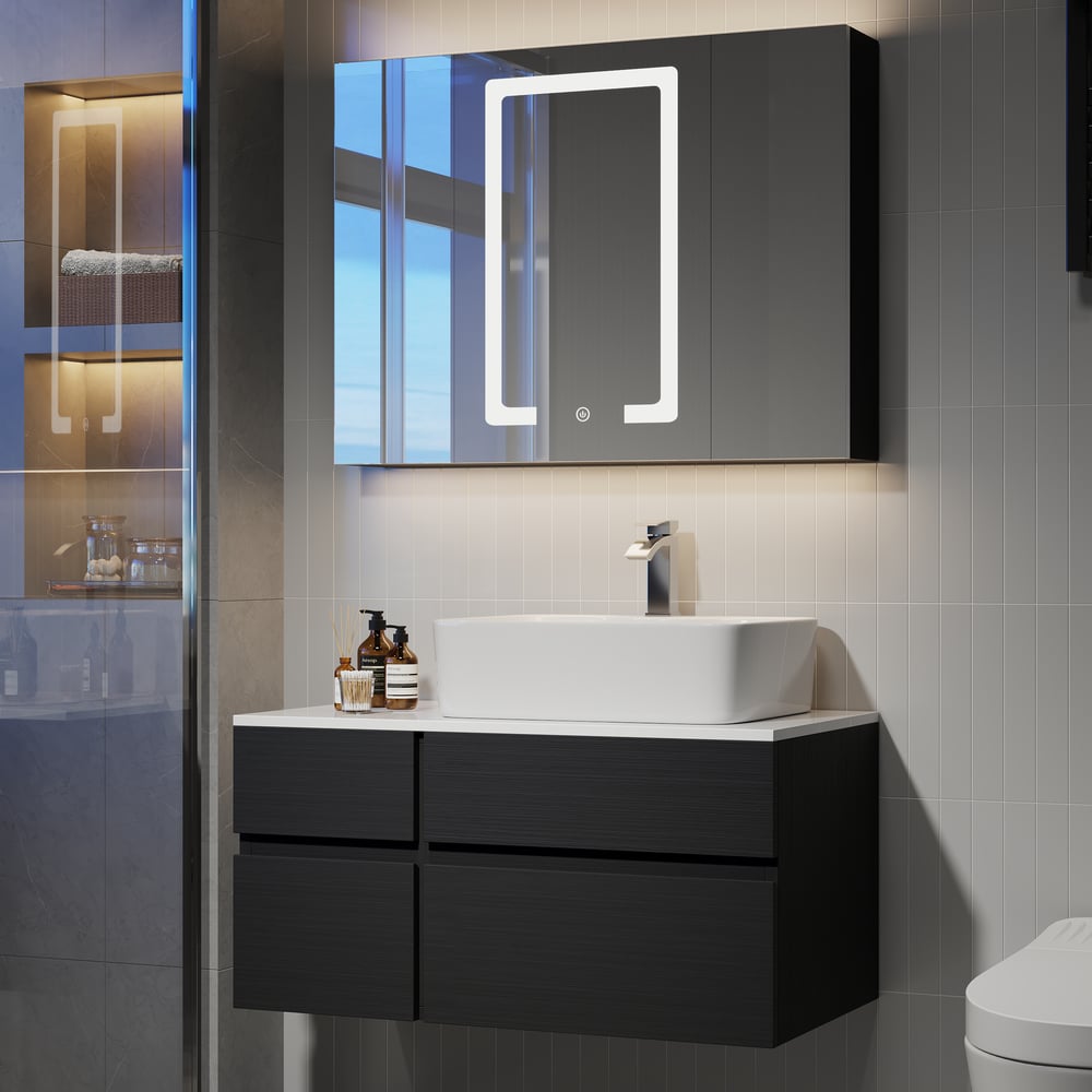 Tocador de baño flotante blanco y negro de 800 mm con encimera de cerámica con encimera de mármol sintético