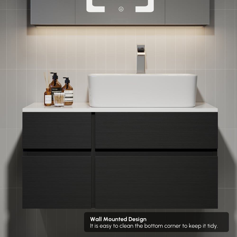 Tocador de baño flotante blanco y negro de 800 mm con encimera de cerámica con encimera de mármol sintético