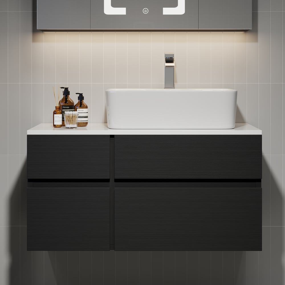 Tocador de baño flotante blanco y negro de 800 mm con encimera de cerámica con encimera de mármol sintético