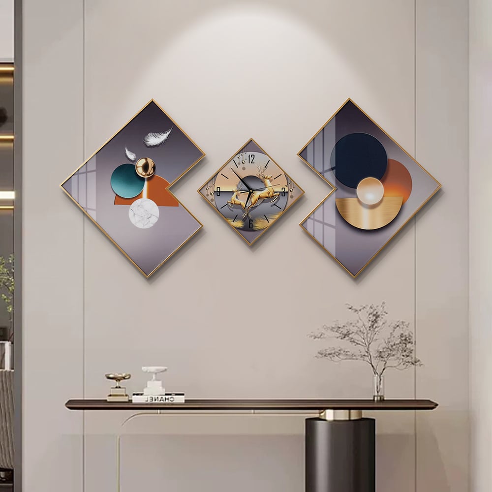 3Pcs Modern Geometric Wall Clock Decor Set Canvas Painting Wall Clocks with Gold Frame window image