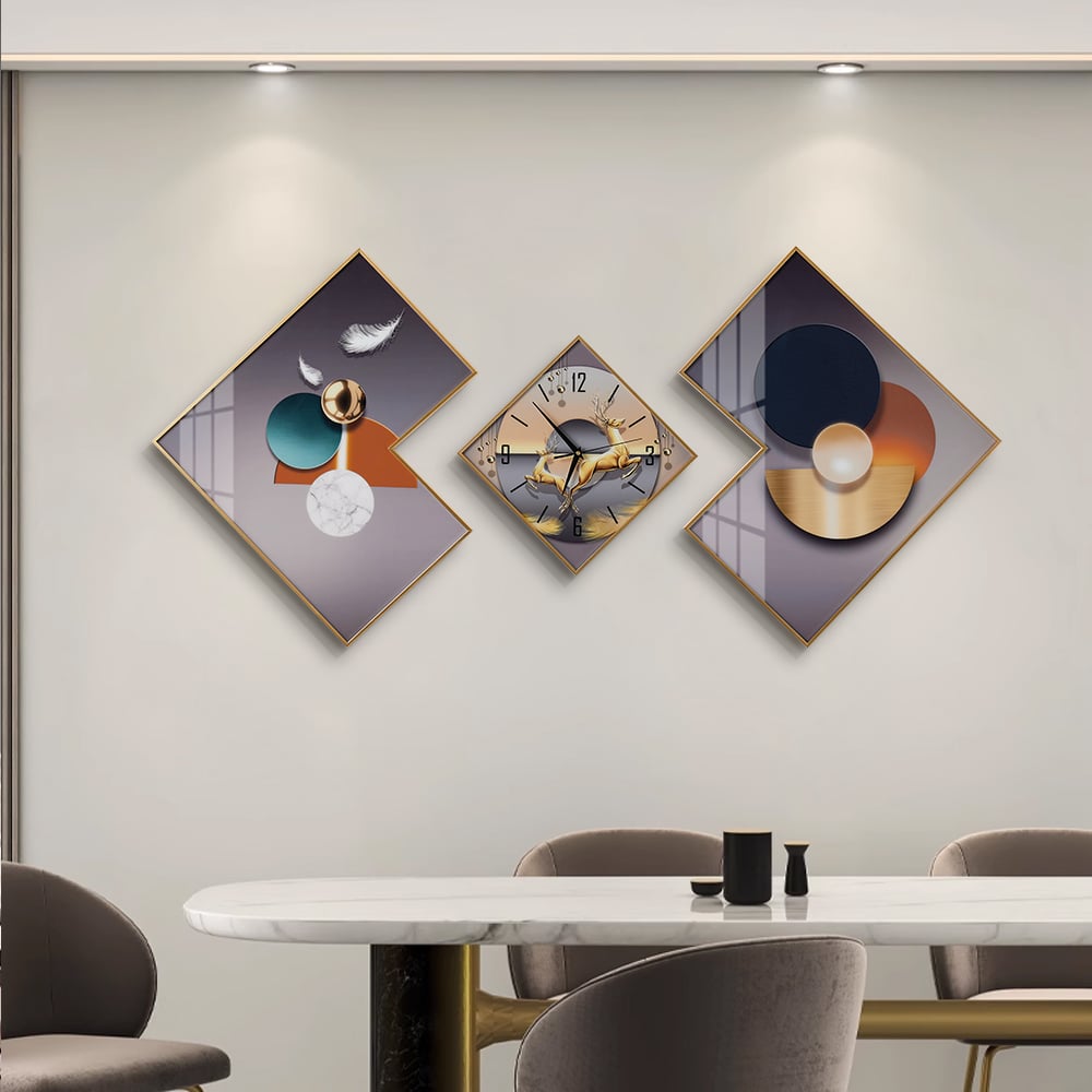 3Pcs Modern Geometric Wall Clock Decor Set Canvas Painting Wall Clocks with Gold Frame window image