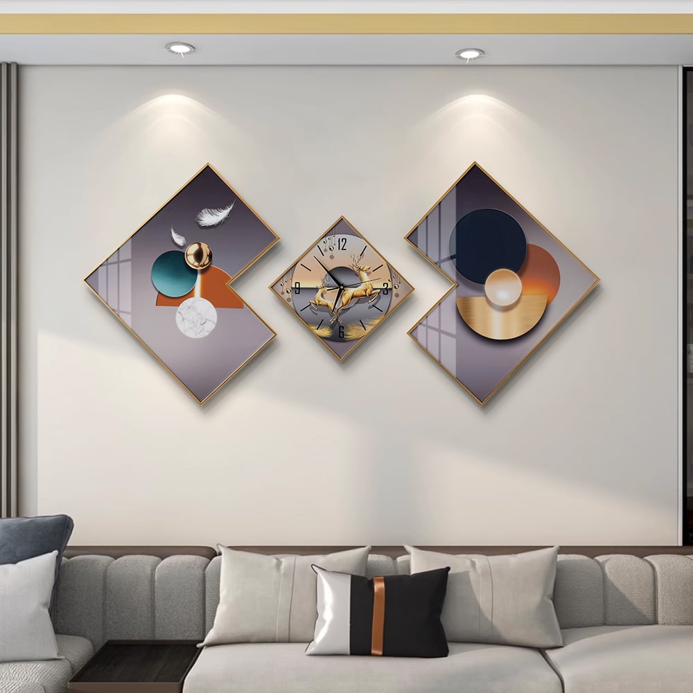 3Pcs Modern Geometric Wall Clock Decor Set Canvas Painting Wall Clocks with Gold Frame window image
