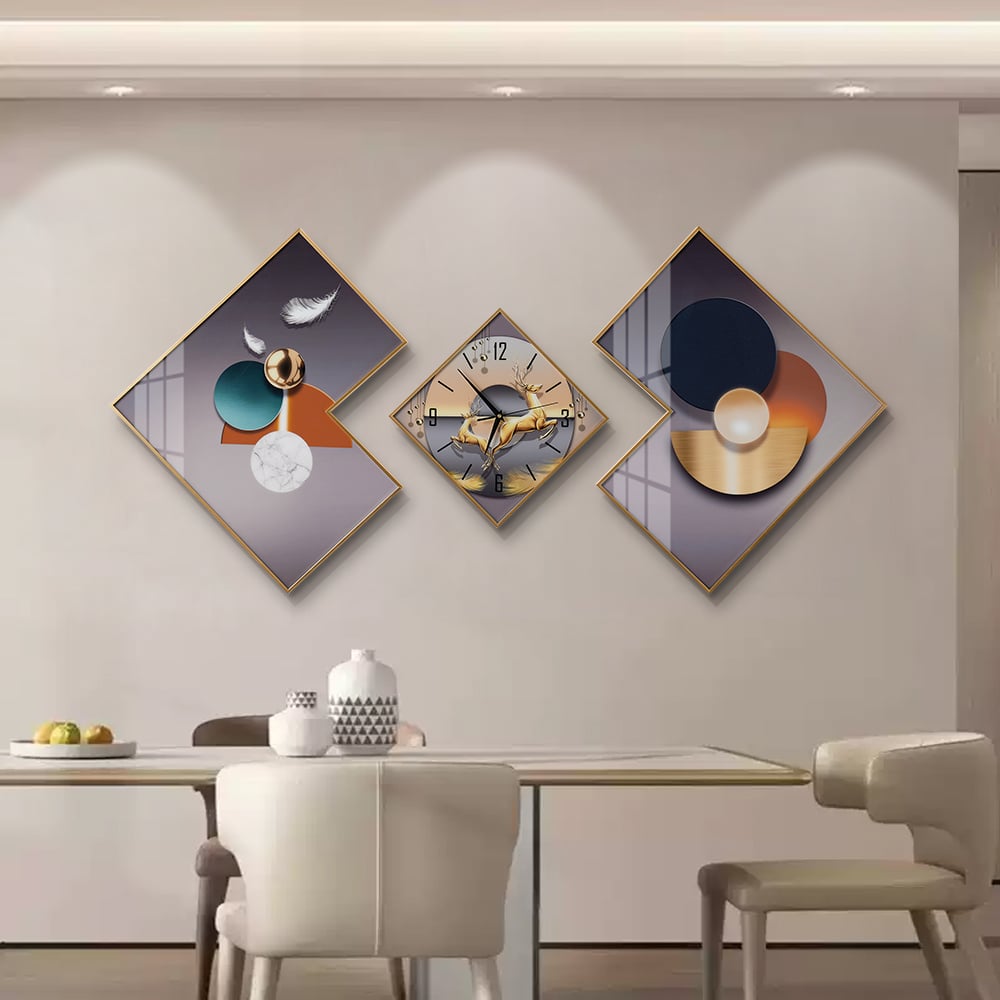 3Pcs Modern Geometric Wall Clock Decor Set Canvas Painting Wall Clocks with Gold Frame window image