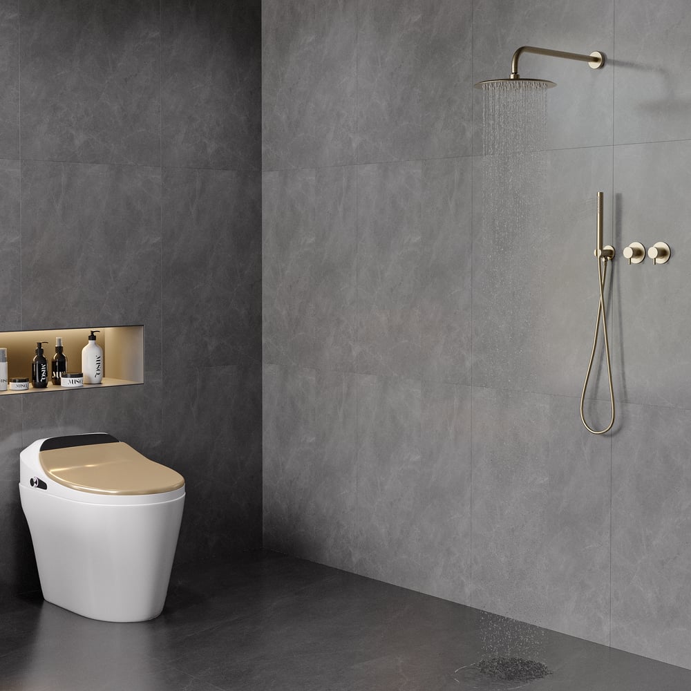 10" Wall-Mounted Shower System Round Brushed Gold 2-Function with Hand Shower window image