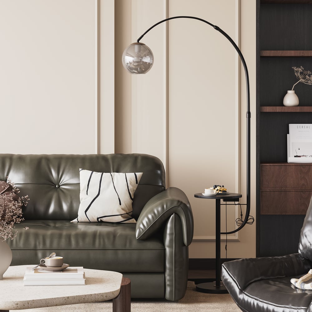 Black Modern Arc Floor Lamp with Table, Wireless Charging & USB Port window image