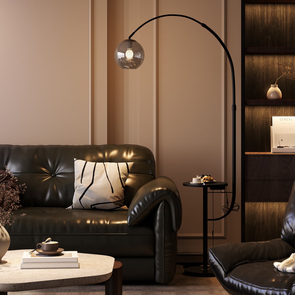 Black Modern Arc Floor Lamp with Table, Wireless Charging & USB Port window image