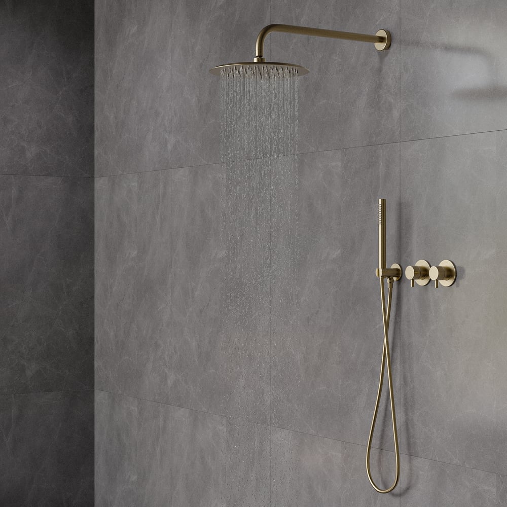 10" Wall-Mounted Shower System Round Brushed Gold 2-Function with Hand Shower window image