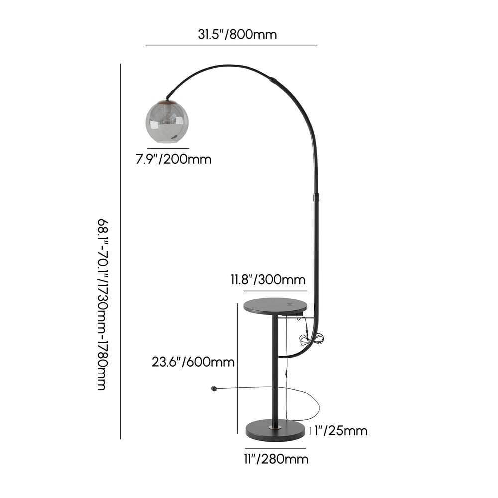 Black Modern Arc Floor Lamp with Table, Wireless Charging & USB Port weights dimensions image