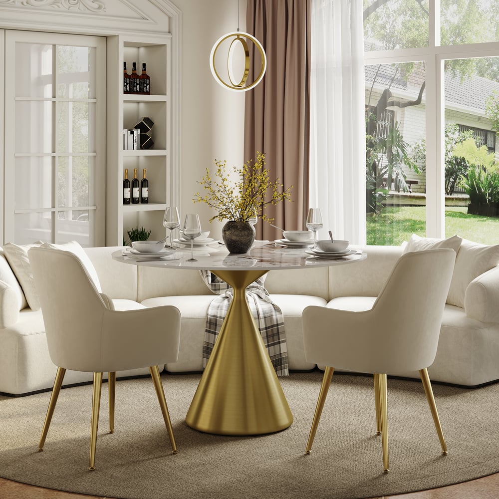 Modern 39" Round Glossy Sintered Stone Dining Table with Gold Metal Pedestal Base, Seats 2 window image