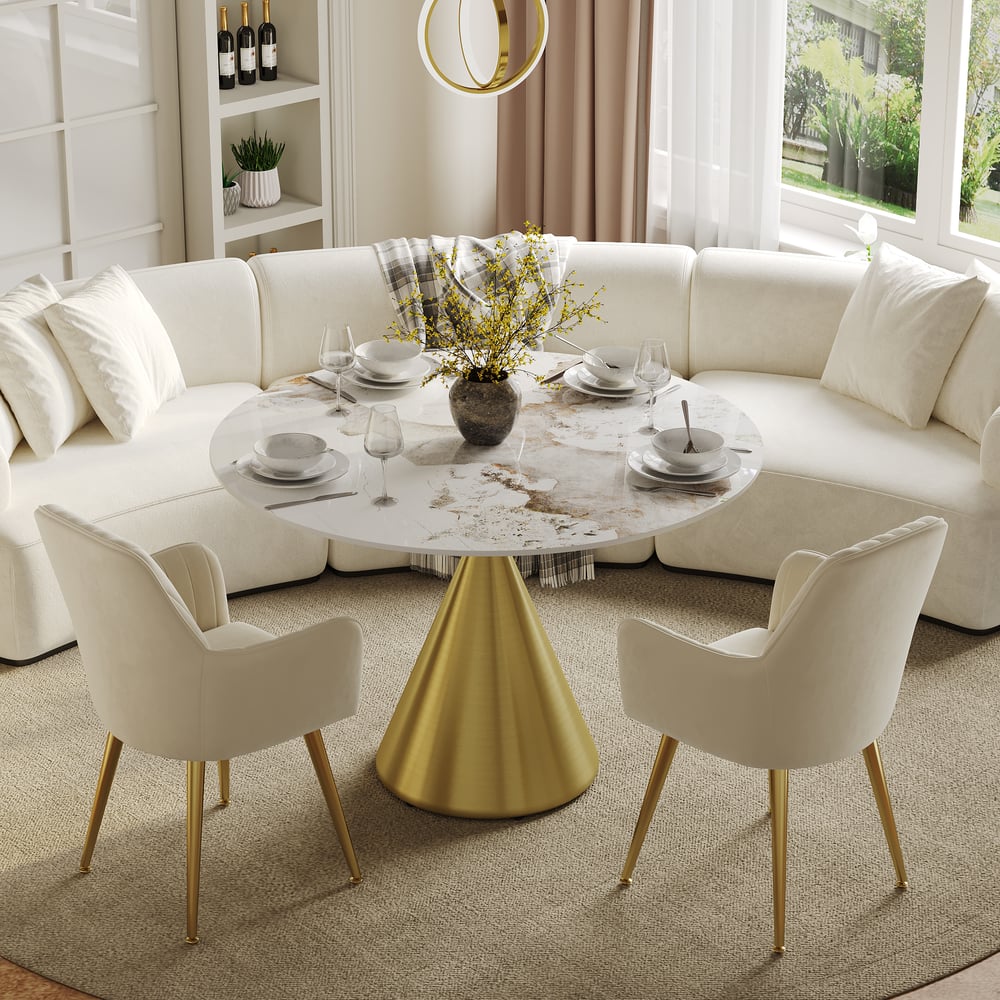 Modern 39" Round Glossy Sintered Stone Dining Table with Gold Metal Pedestal Base, Seats 2 window image