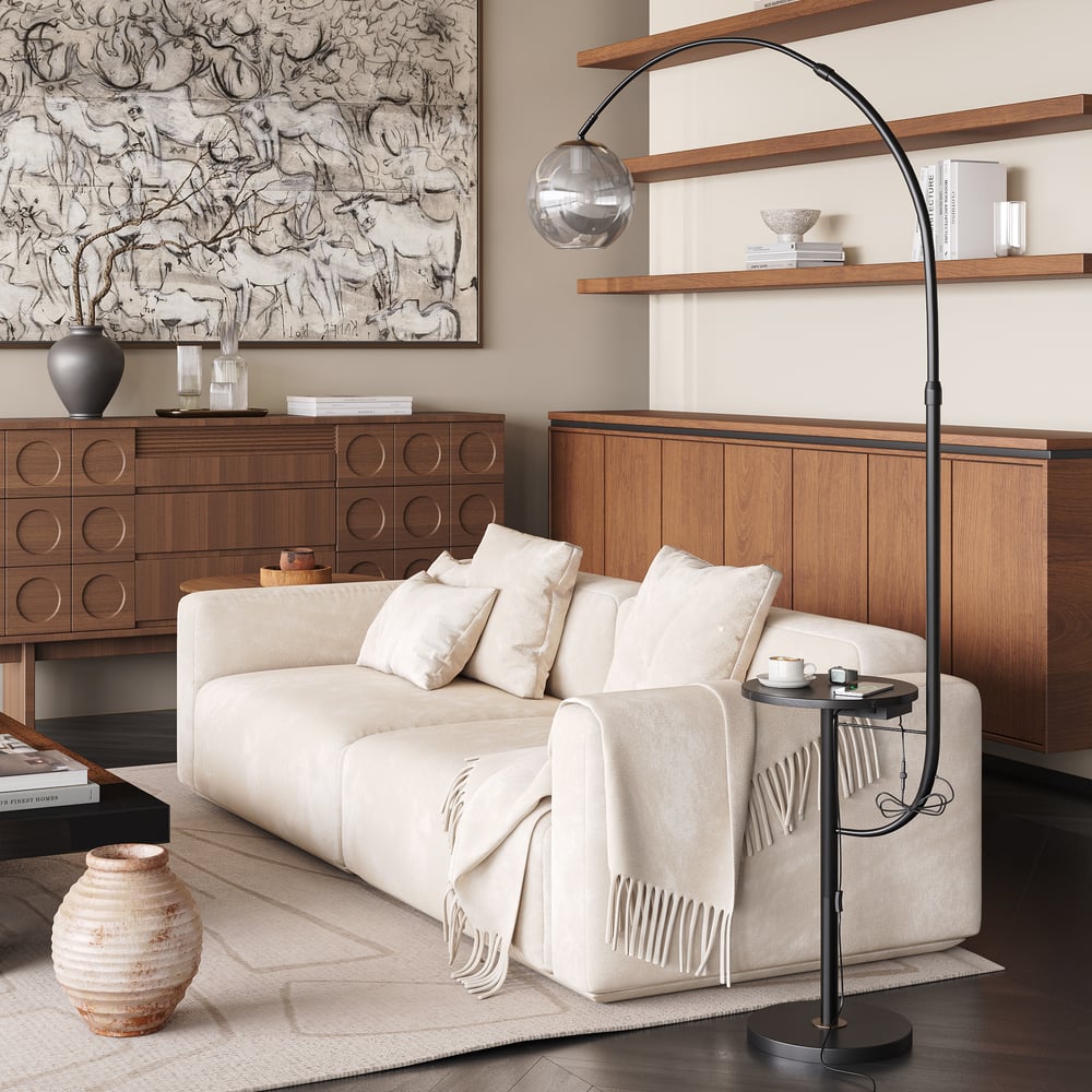 Black Modern Arc Floor Lamp with Table, Wireless Charging & USB Port window image