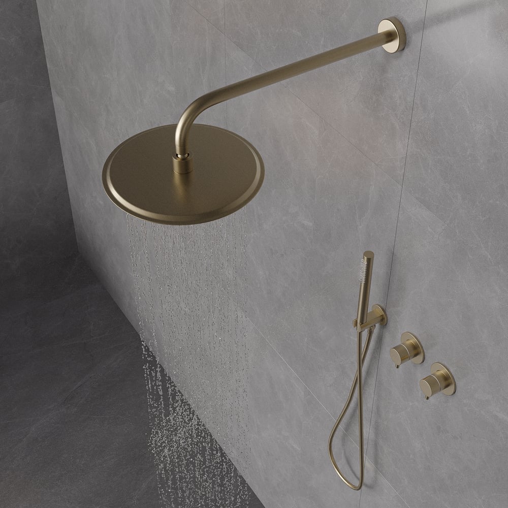 10" Wall-Mounted Shower System Round Brushed Gold 2-Function with Hand Shower window image