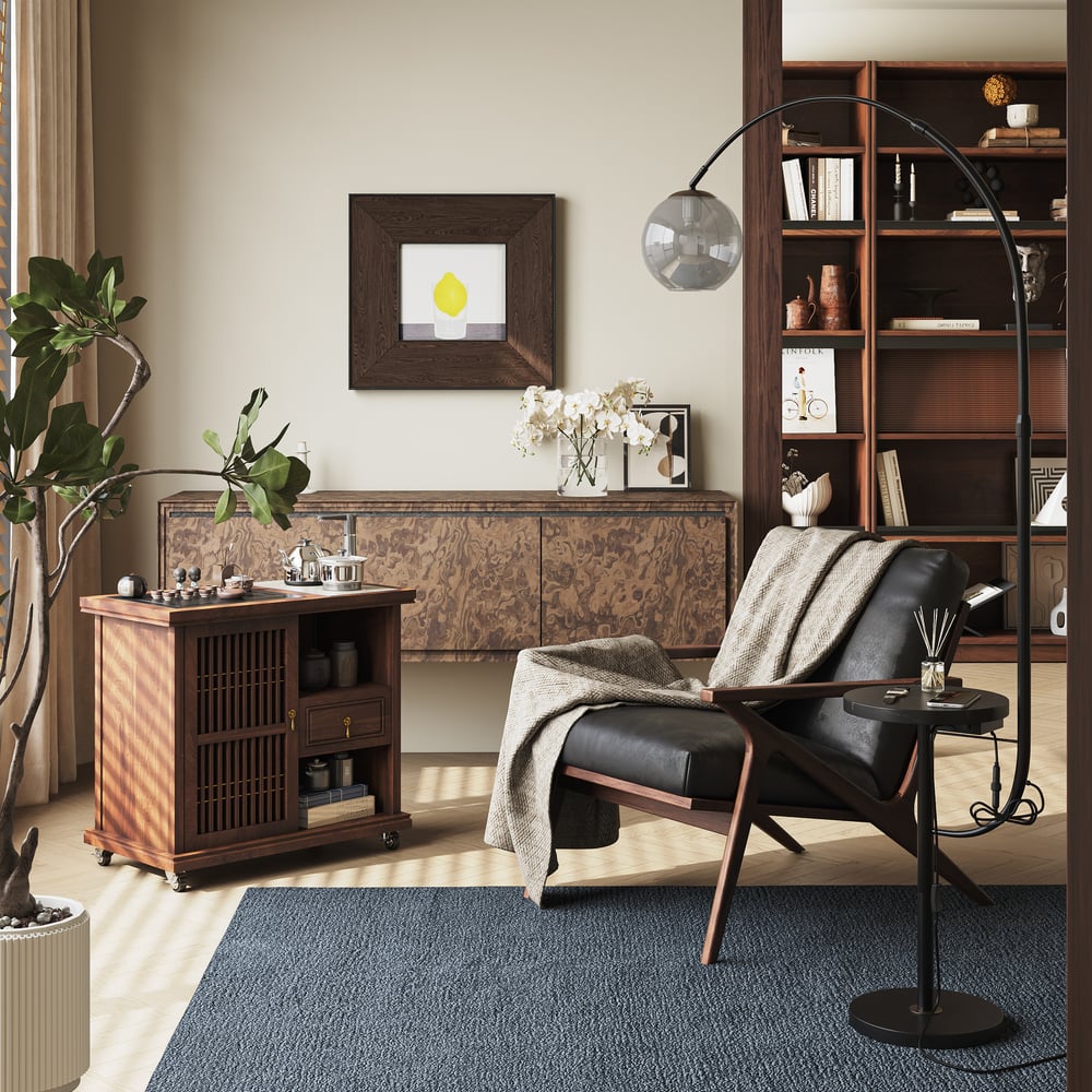 Black Modern Arc Floor Lamp with Table, Wireless Charging & USB Port window image