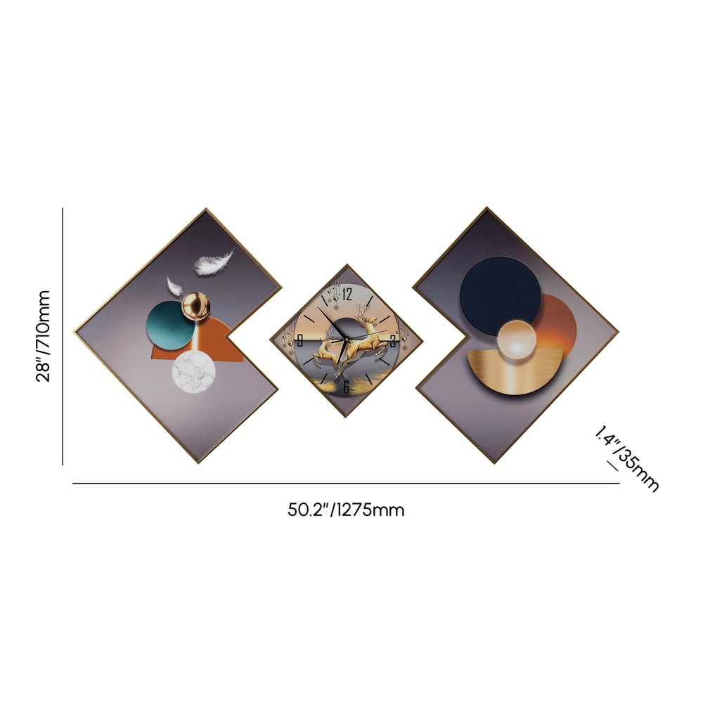 3Pcs Modern Geometric Wall Clock Decor Set Canvas Painting Wall Clocks with Gold Frame weights dimensions image