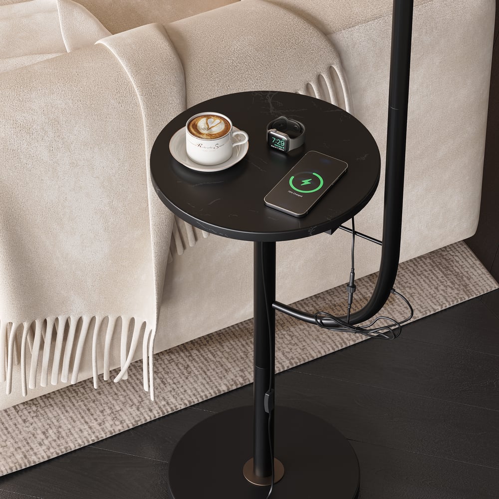 Black Modern Arc Floor Lamp with Table, Wireless Charging & USB Port window image