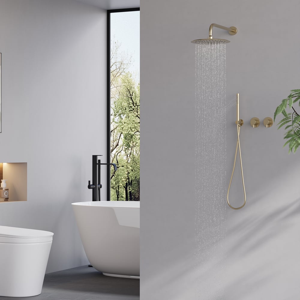 10" Wall-Mounted Shower System Round Brushed Gold 2-Function with Hand Shower window image