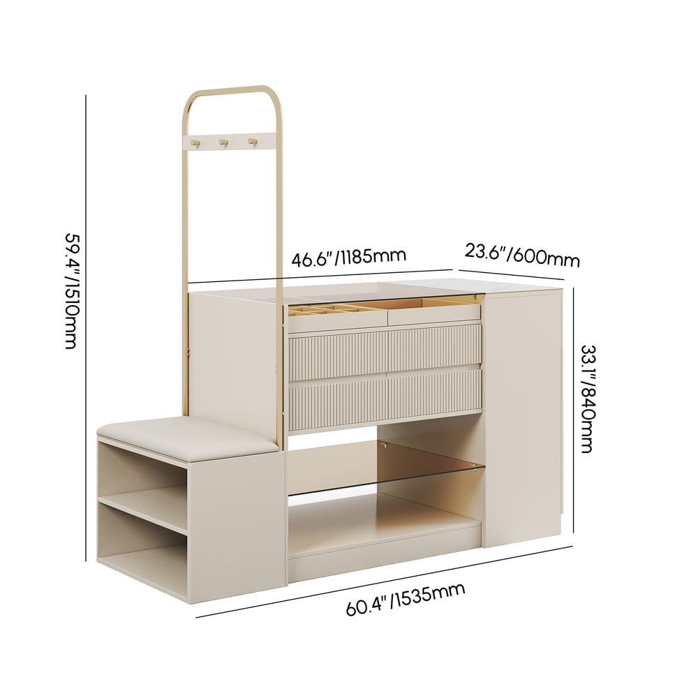 60" Glass Top Ivory Dresser Walk-in Closet Island with Bench & Jewelry Storage weights dimensions image