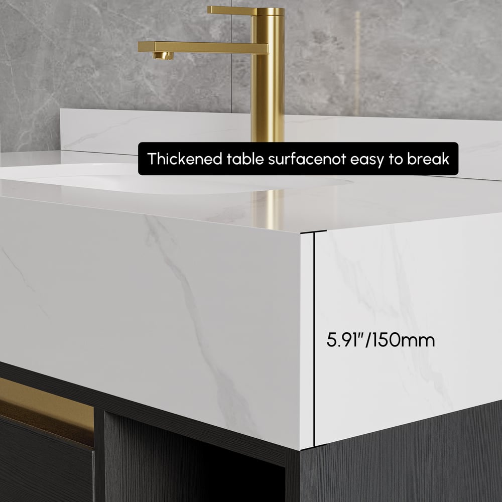 Juego de tocador de baño independiente en blanco y negro con lavabo de cerámica | 2 cajones