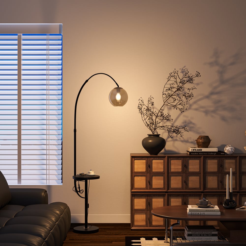 Black Modern Arc Floor Lamp with Table, Wireless Charging & USB Port window image