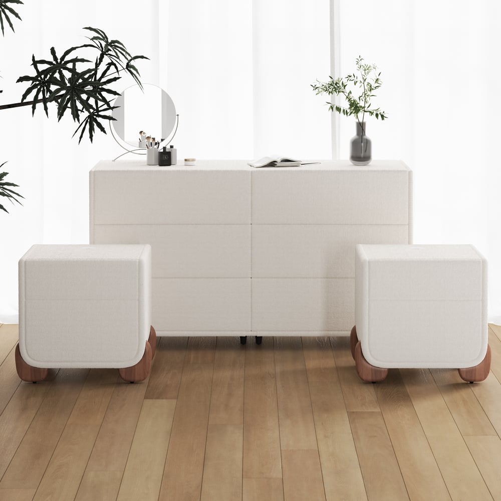 Curva Boucle Queen Size Bed & 2 Smart 2-Drawer Nightstands & Dresser Set window image