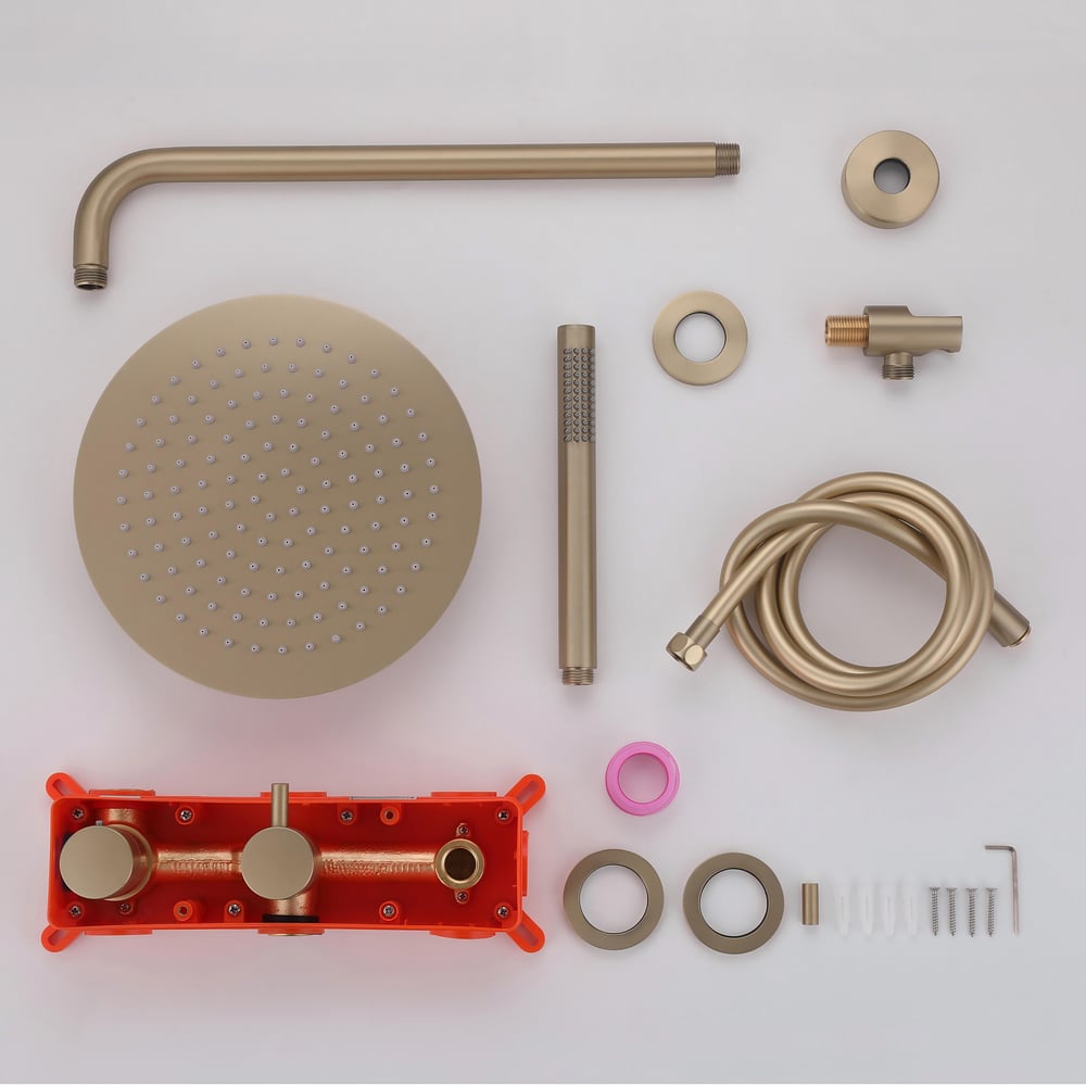10" Wall-Mounted Shower System Round Brushed Gold 2-Function with Hand Shower window image