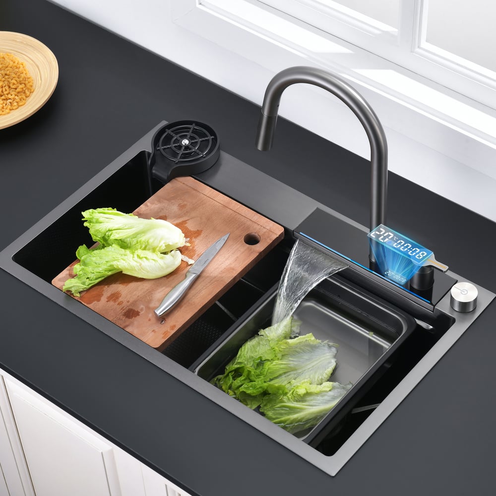 29" Drop-in Workstation Kitchen Sink with Pull-Out Faucet & Waterfall Feature