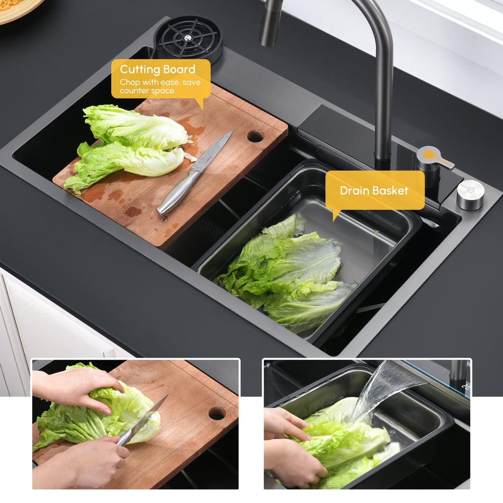 29" Drop-in Workstation Kitchen Sink with Pull-Out Faucet & Waterfall Feature