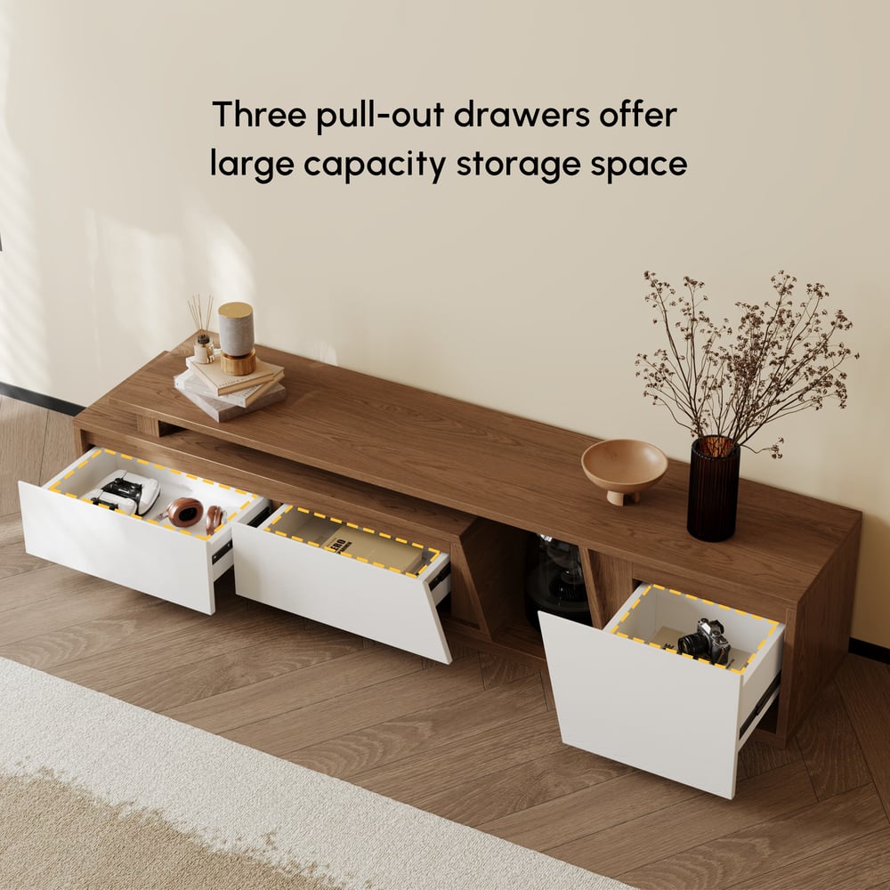 Meuble TV extensible Fero avec 3 tiroirs de 180 cm de couleur blanc et noyer image de fenêtre