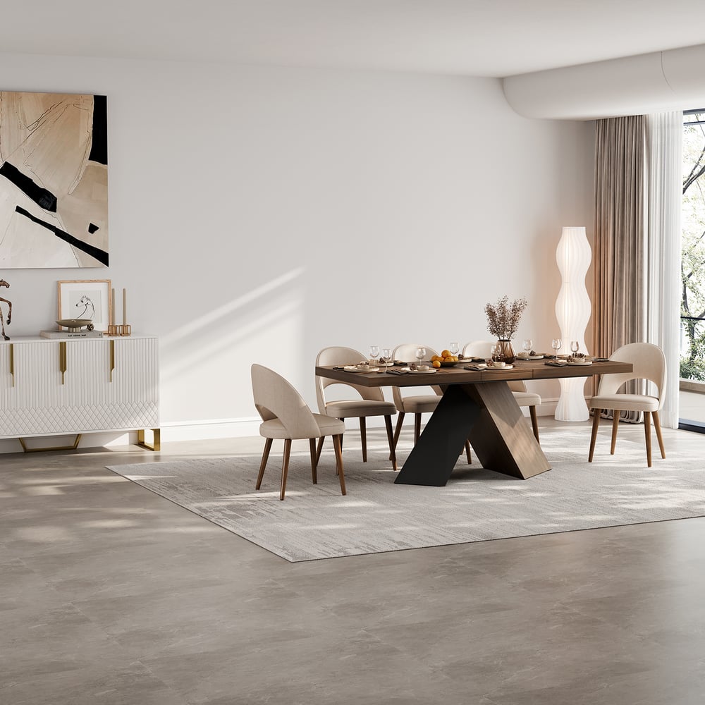 1630mm-2030mm uitschuifbare notenhouten eettafel, moderne boerderij, voetstuk voor 6-8 personen Vensterafbeelding