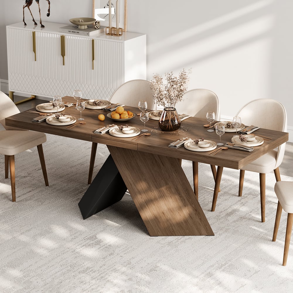 1630mm-2030mm uitschuifbare notenhouten eettafel, moderne boerderij, voetstuk voor 6-8 personen Vensterafbeelding