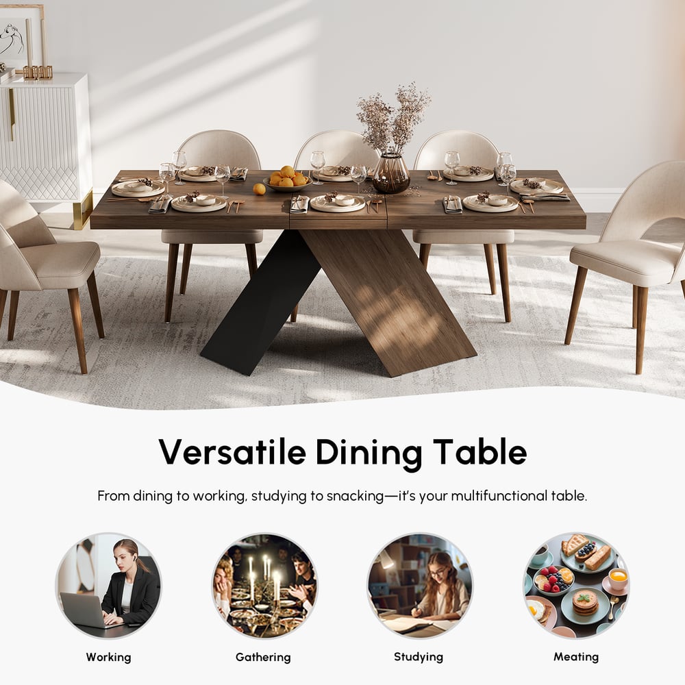 1630mm-2030mm uitschuifbare notenhouten eettafel, moderne boerderij, voetstuk voor 6-8 personen Vensterafbeelding