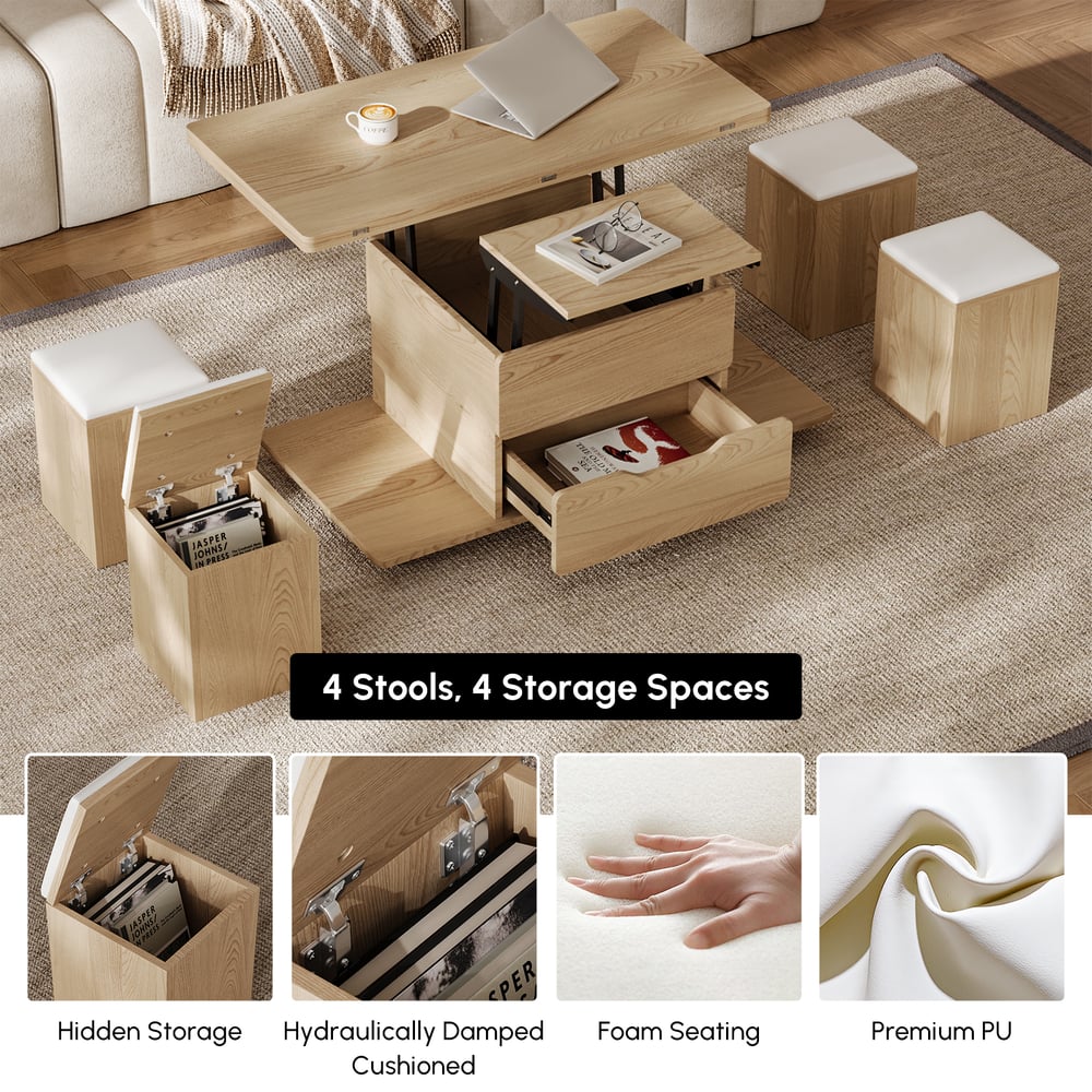 1000mm Lift-Top Foldable Natural Coffee Table with 4 Stools & Storage