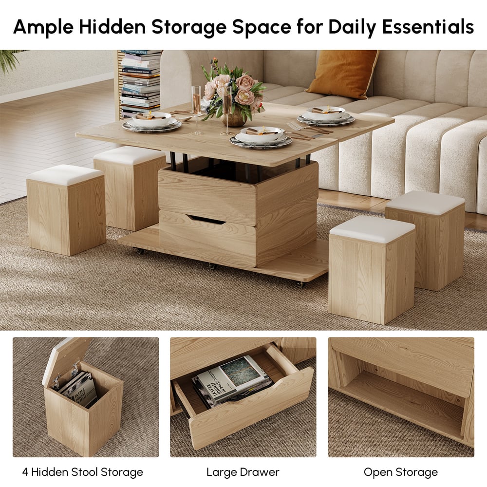 Table basse multifonctionnelle moderne avec plaque de levage réglable en hauteur et espace de rangement image de fenêtre