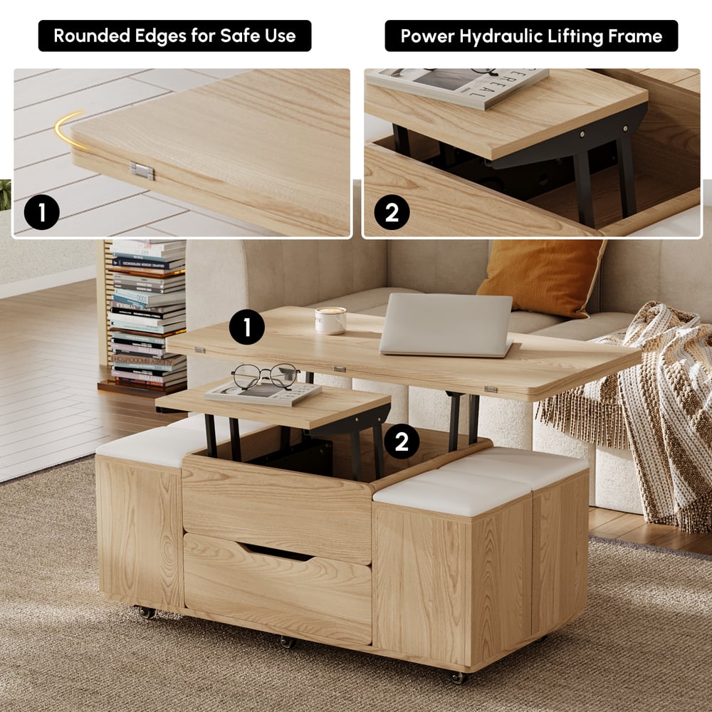 1000mm Lift-Top Foldable Natural Coffee Table with 4 Stools & Storage