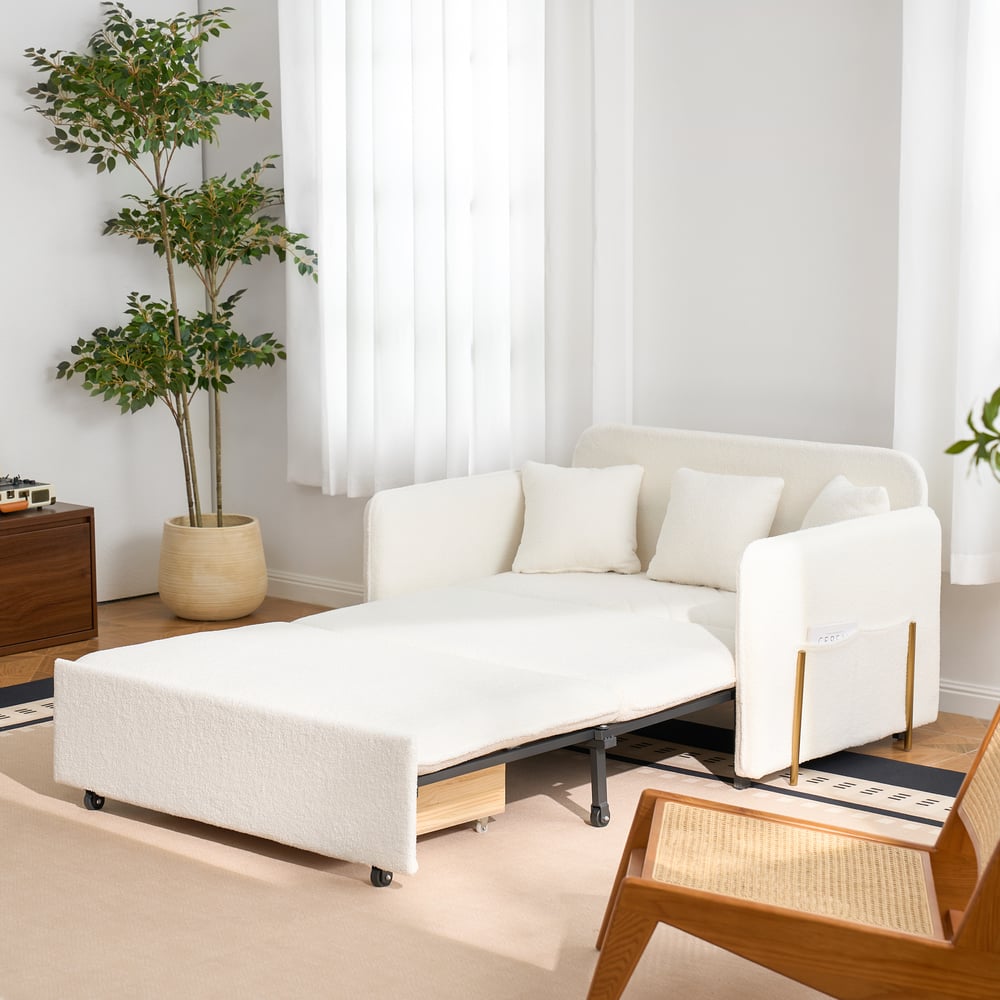 Canapé-lit rembourré 2 places en tissu bouclé - blanc image de fenêtre