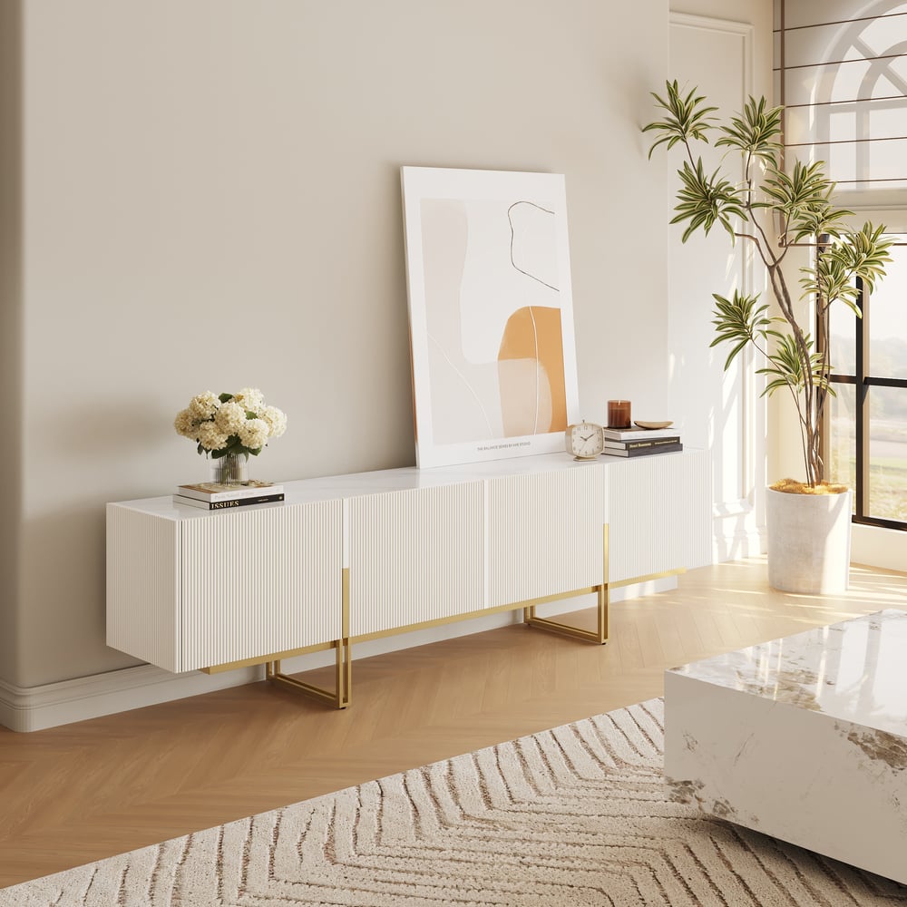 Meuble TV Grovyn Minimalist, 2000 mm, blanc cassé, console multimédia Stone Top, 4 portes et 6 étagères image de fenêtre