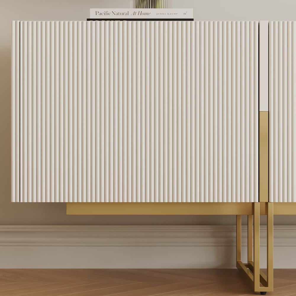 Meuble TV Grovyn Minimalist, 2000 mm, blanc cassé, console multimédia Stone Top, 4 portes et 6 étagères image de fenêtre