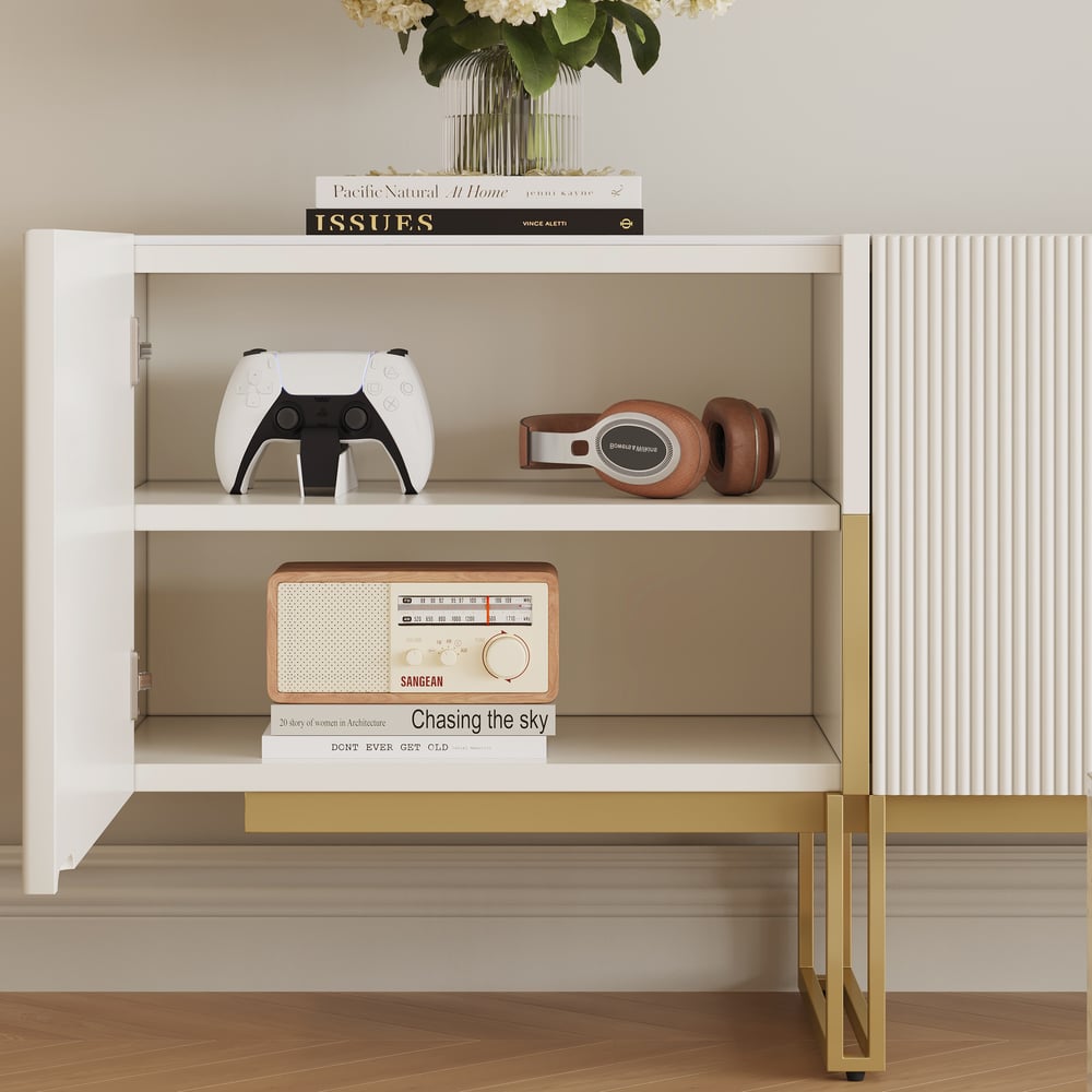 Meuble TV Grovyn Minimalist, 2000 mm, blanc cassé, console multimédia Stone Top, 4 portes et 6 étagères image de fenêtre