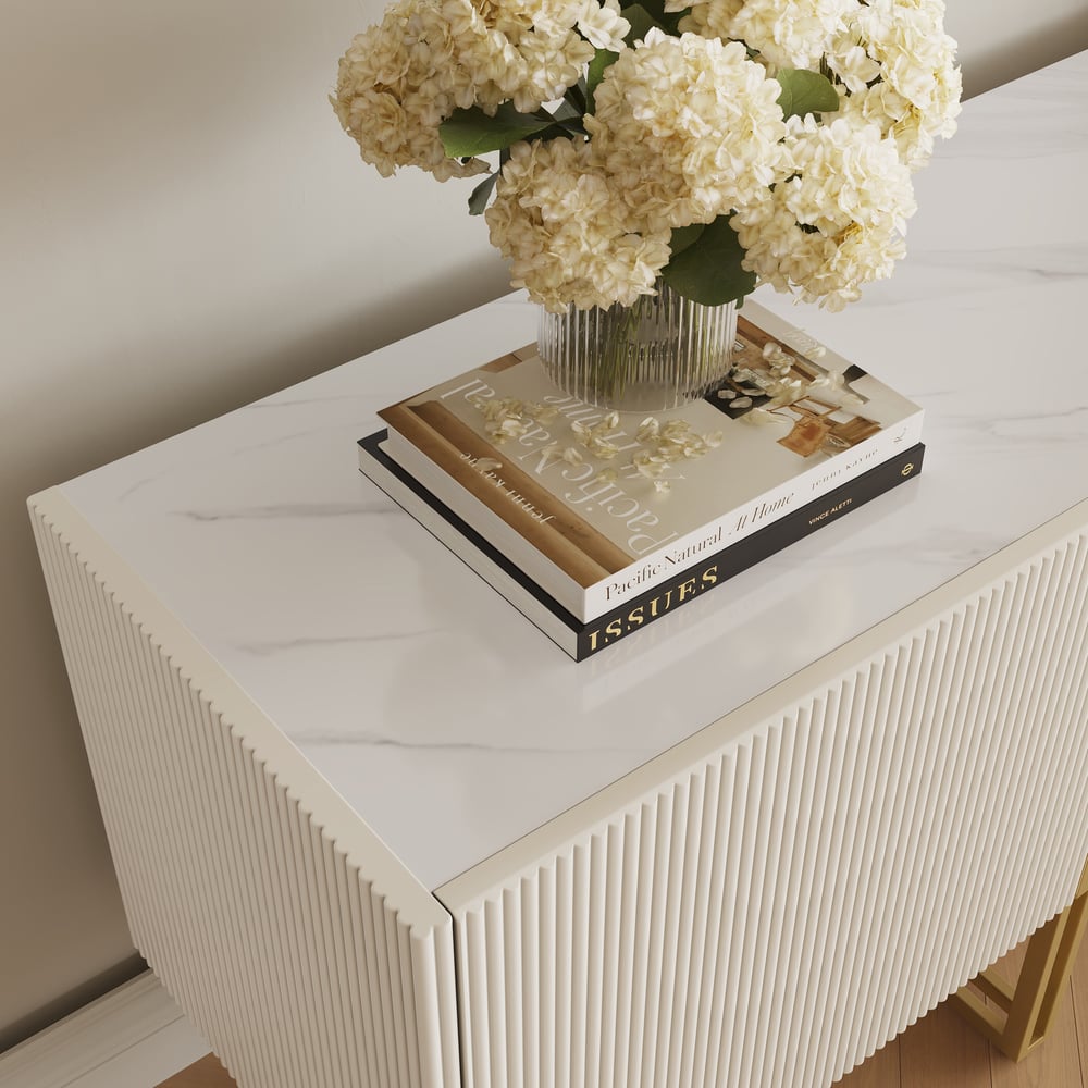 Meuble TV Grovyn Minimalist, 2000 mm, blanc cassé, console multimédia Stone Top, 4 portes et 6 étagères image de fenêtre