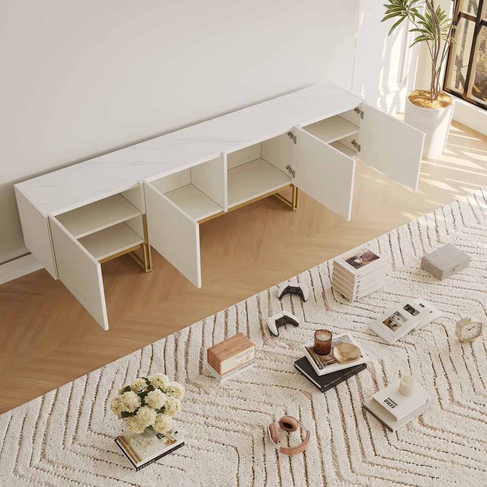 Meuble TV Grovyn Minimalist, 2000 mm, blanc cassé, console multimédia Stone Top, 4 portes et 6 étagères image de fenêtre