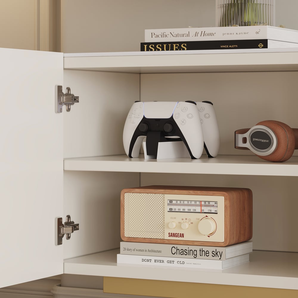 Meuble TV Grovyn Minimalist, 2000 mm, blanc cassé, console multimédia Stone Top, 4 portes et 6 étagères image de fenêtre