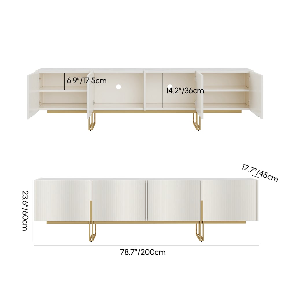 Meuble TV Grovyn Minimalist, 2000 mm, blanc cassé, console multimédia Stone Top, 4 portes et 6 étagères Poids, dimensions, image