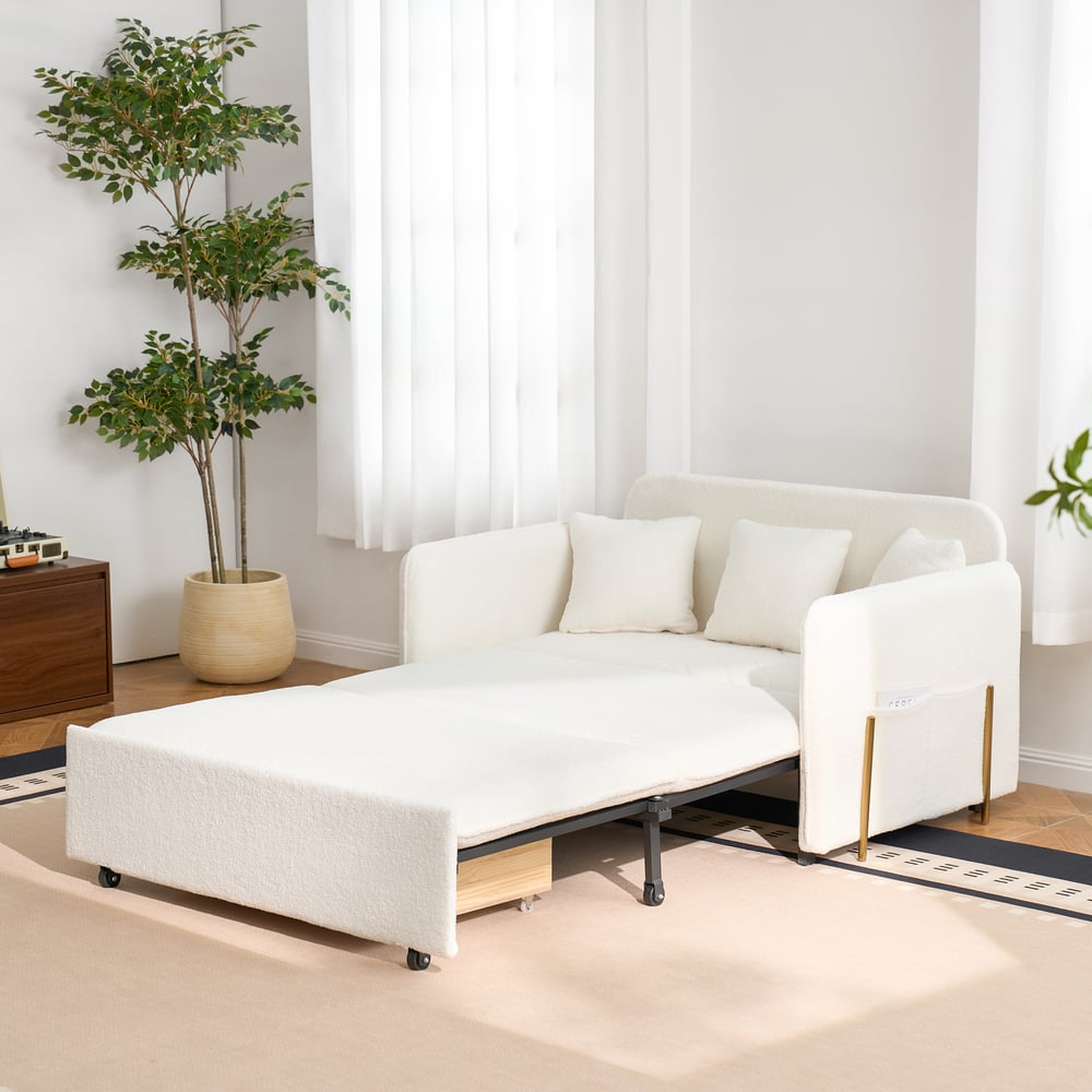 54" Full 2-Seater White Boucle Convertible Sleeper Sofa window image
