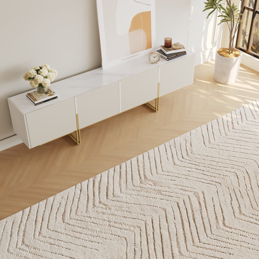 Meuble TV Grovyn Minimalist, 2000 mm, blanc cassé, console multimédia Stone Top, 4 portes et 6 étagères image de fenêtre